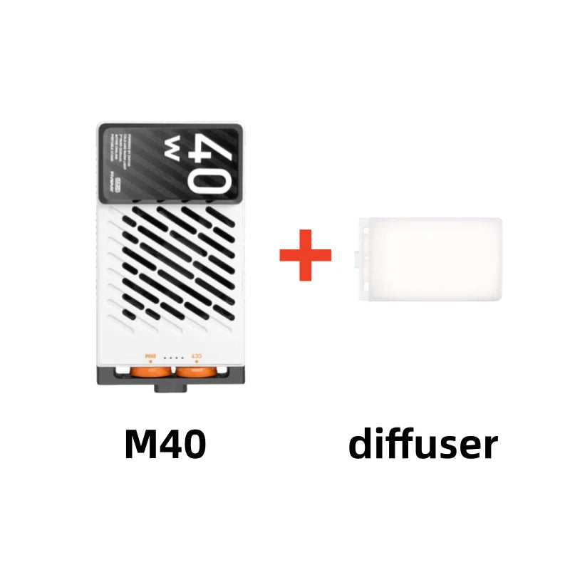White M40 pocket LED video light with ventilation slots and a separate white rectangular plastic light diffuser.