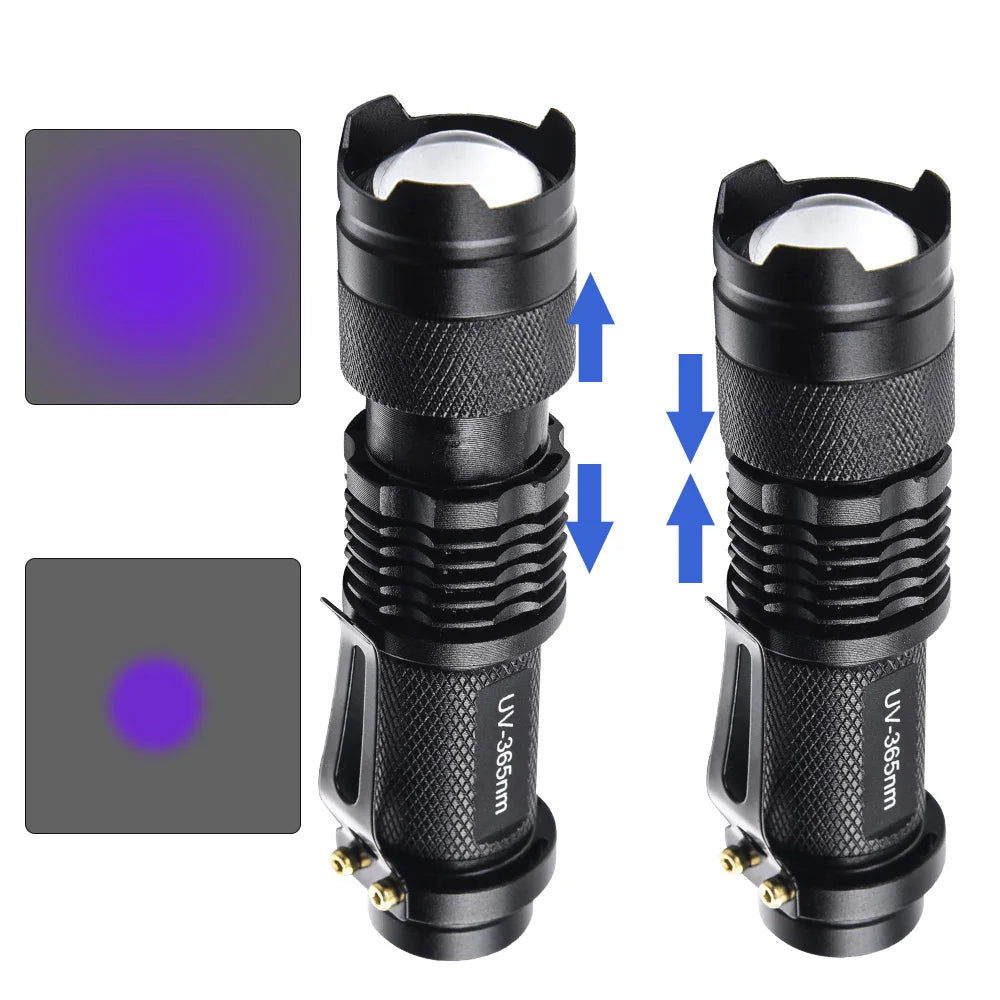 Black zoomable UV flashlight for detecting pet urine stains and odors, 365nm portable metal lamp.