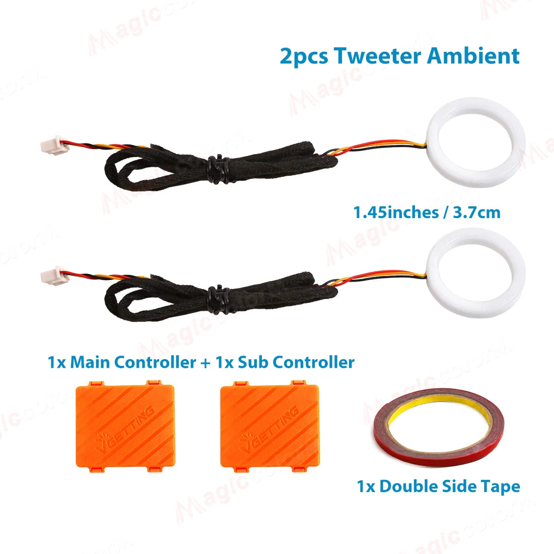 Two 3.7cm white circular LED tweeter ambient light rings with wiring, two orange control modules, and double-sided tape.