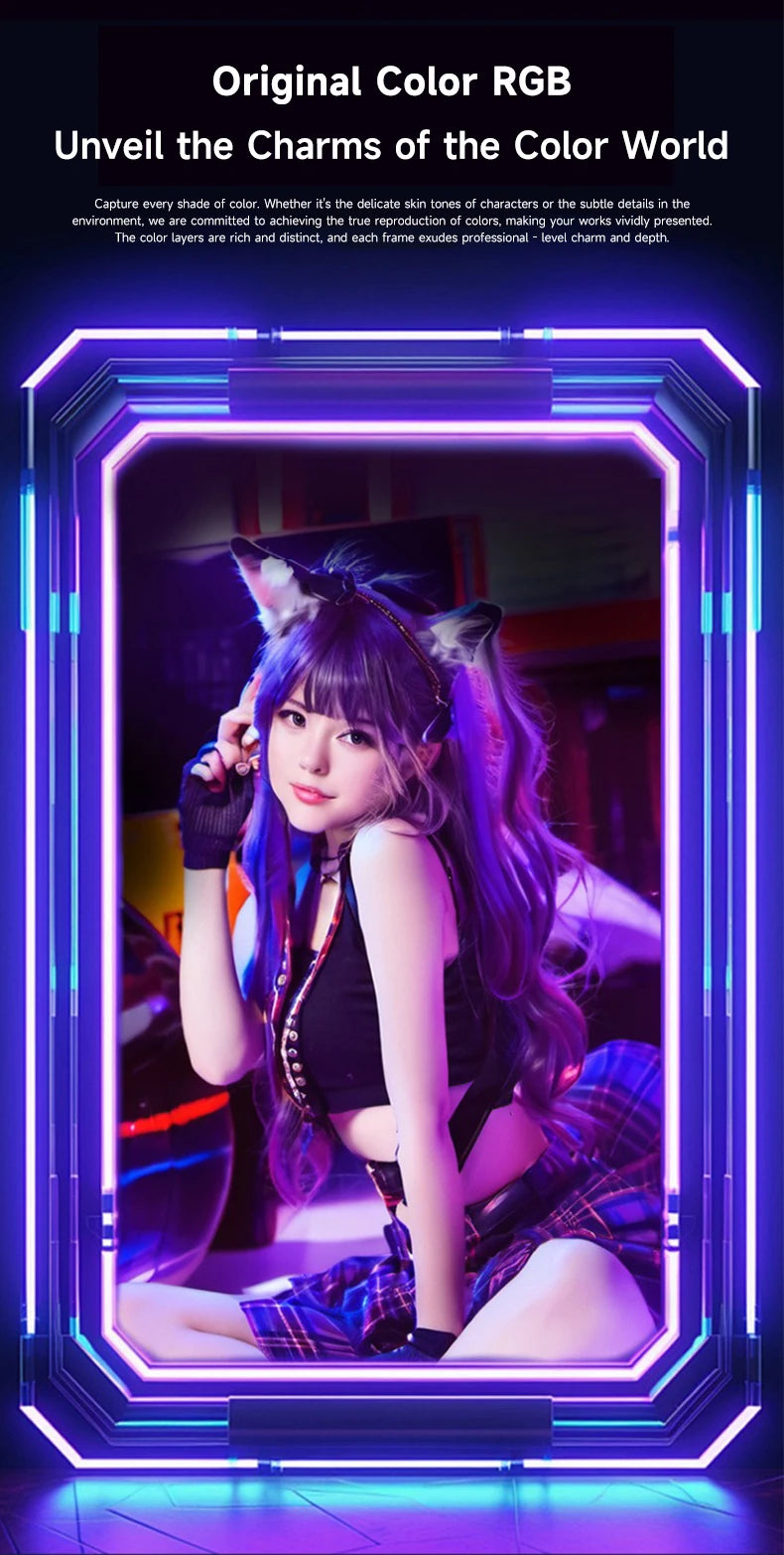 Rectangle RGB lighting frame showing a woman with purple hair, cat ears, and a plaid skirt to display image colors.