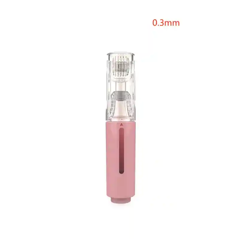0.3mm derma roller with a pink serum applicator handle and a clear, protective cap containing titanium needles.