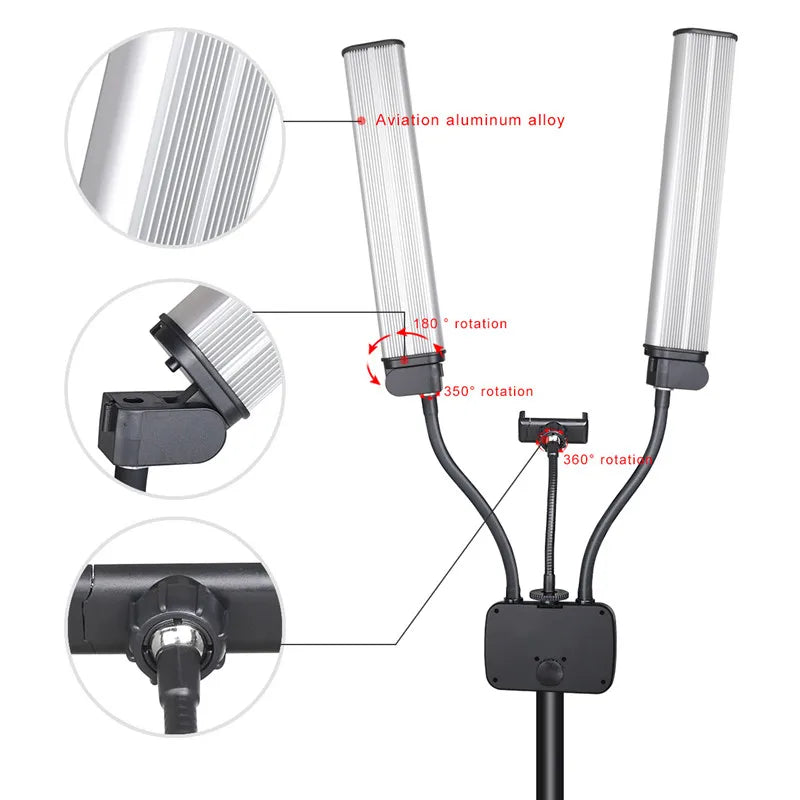 Dual LED light bars on flexible arms with a center phone mount, made of silver aviation aluminum alloy.