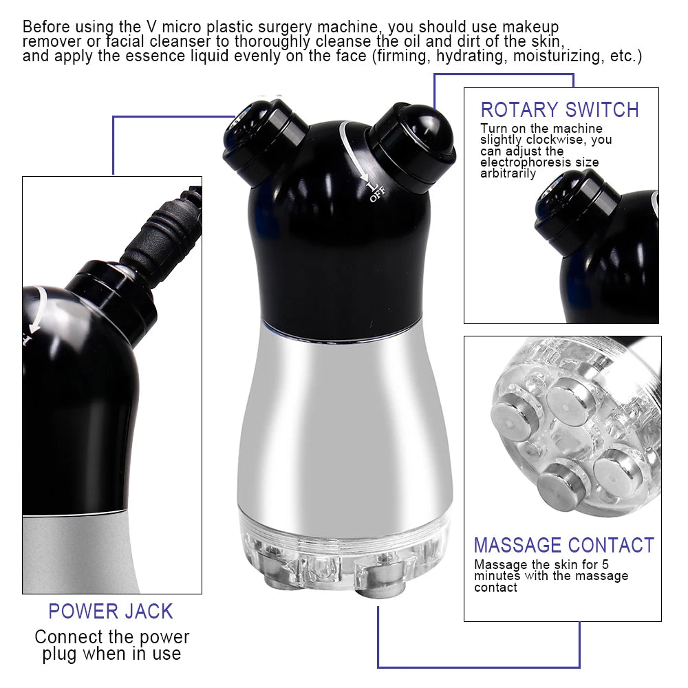Black and silver electroporation facial massager with rotary power switch and metallic massage head for skin lifting.