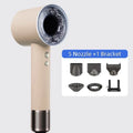 Beige 1200W ionic hair dryer with 5 nozzles and bracket, professional fast-drying lightweight design for salon style.