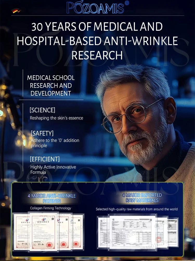 Anti-wrinkle skincare advertisement featuring an older man and documents displaying collagen firming research patents.