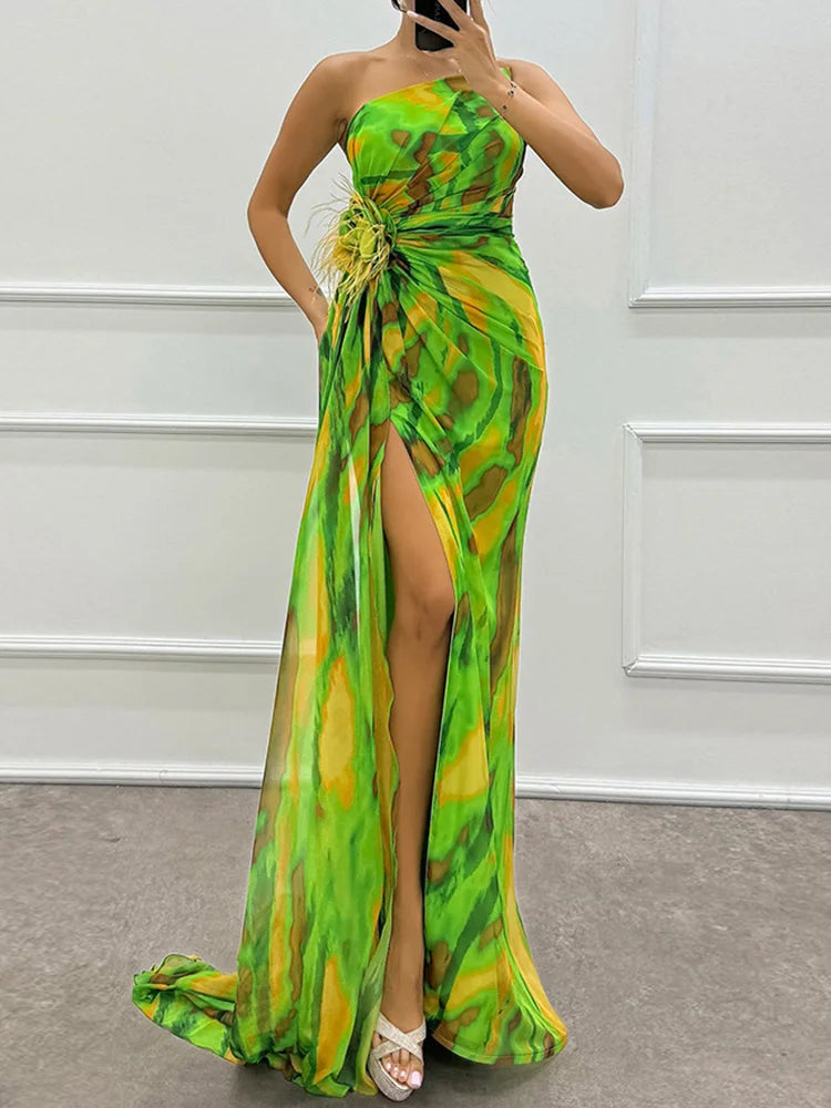 Printed Skew Collar Simple Party Dress, Women Summer Patchwork Sleeveless Elegant Maxi Dress, 2024 Backless Fashion Ladies Dress