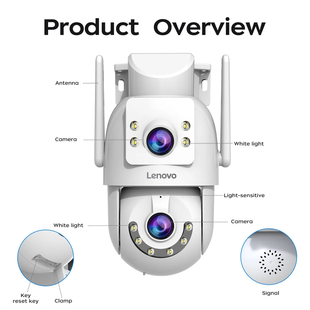 Lenovo 4MP HD Wifi PTZ Camera Outdoor Dual Lens Dual Screen Auto Tracking Security IP Camera CCTV Audio Video Surveillance