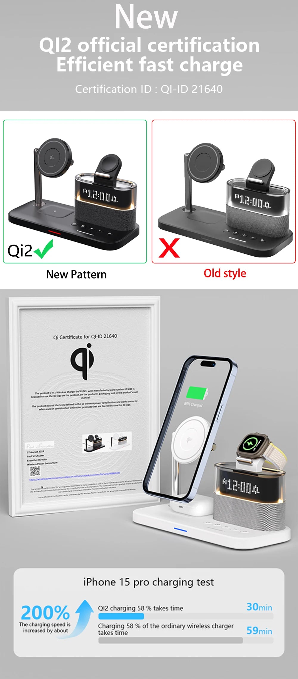 Qi2 Wireless Charger with Alarm Clock & RGB Light - Tidesmit Tidesmit