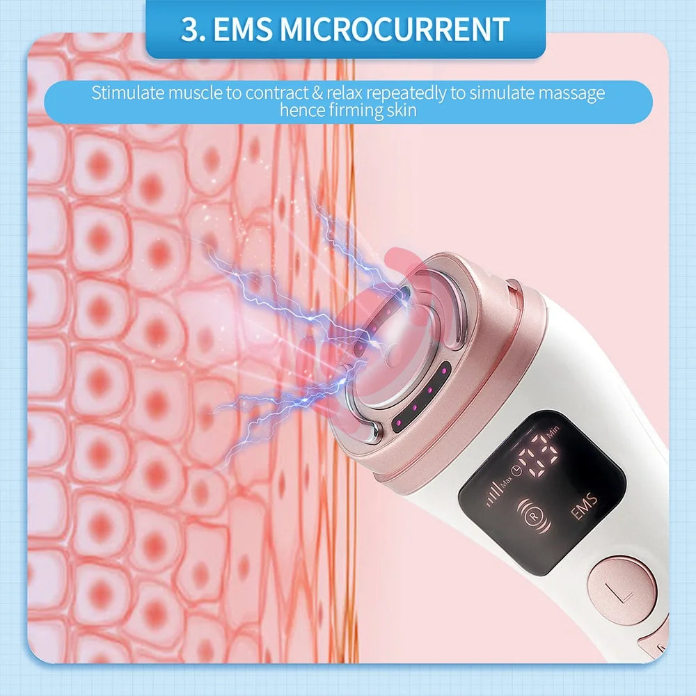 White and rose gold facial lifting device with digital display emitting blue lightning effects toward skin tissue.