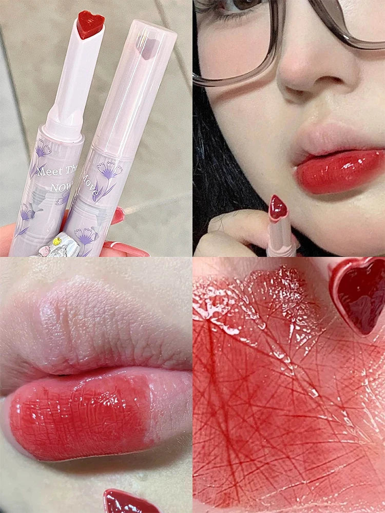 Gege Bear heart-shaped lipstick: glossy jelly red finish, moisturizing shine, and floral packaging.