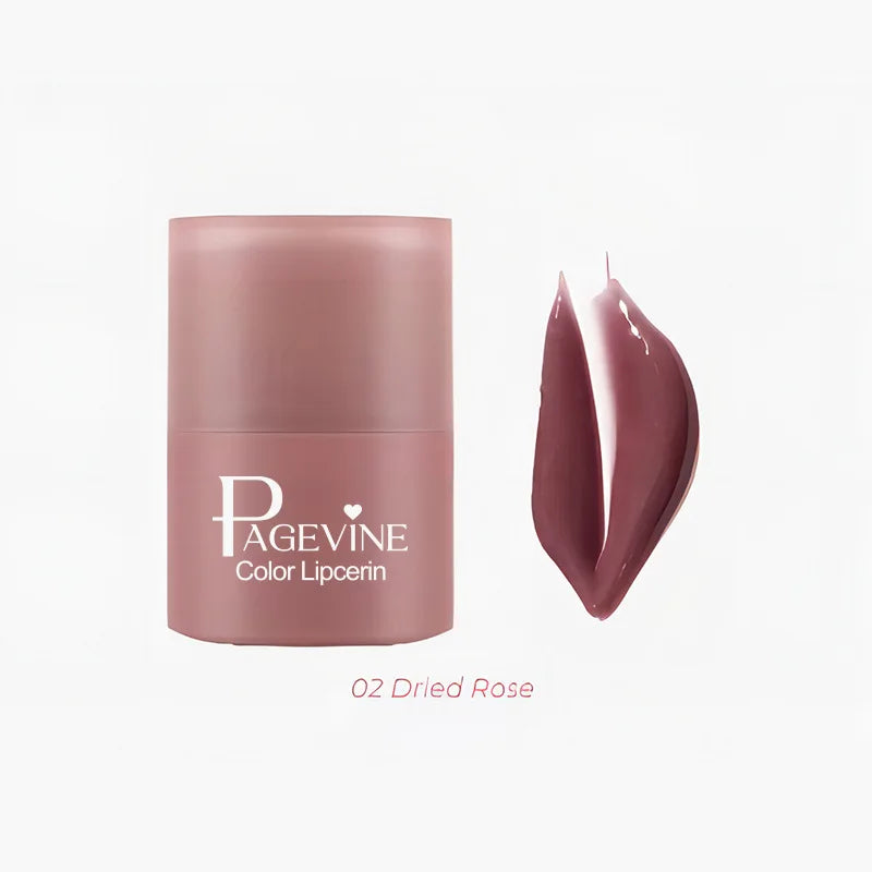 Pagevine hydrating twist-up lip balm in 02 Dried Rose, a moisturizing tinted lip oil with a glossy, non-sticky finish.