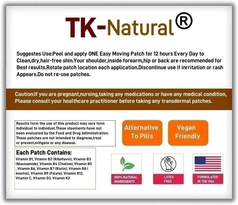 Tidesmit Vitamin B Complex transdermal patches for energy, immunity, and skin health with B1, B2, B3, B4. 30 count.