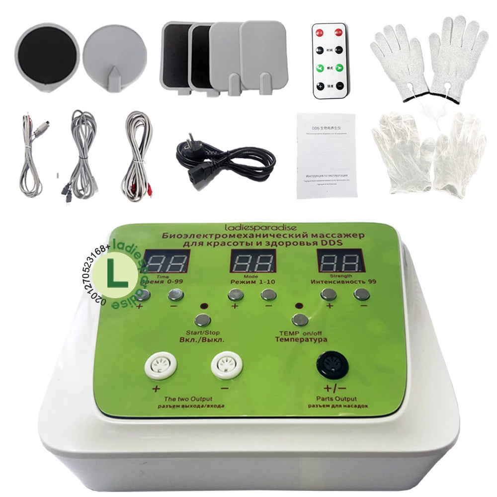 DDS Bioelectric therapy device with LED display, massage pads, remote, and conductive gloves for pain relief and detox.