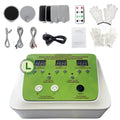 DDS Bioelectric therapy device with LED display, massage pads, remote, and conductive gloves for pain relief and detox.