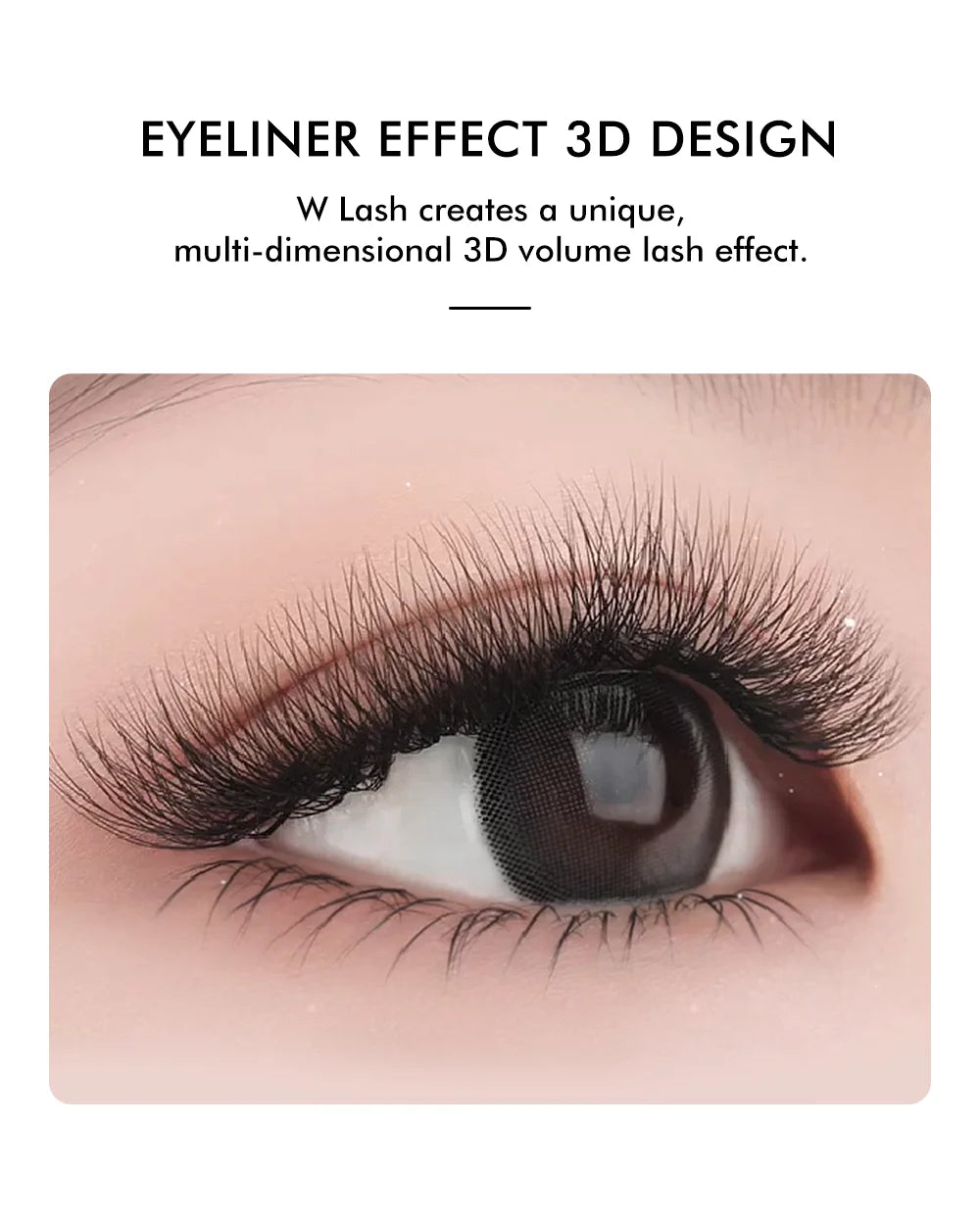 Close-up of a human eye with black W-shaped volume eyelash extensions creating a dense, multi-dimensional 3D effect.