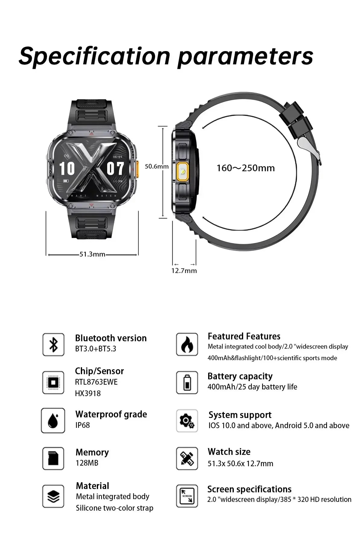 New Smart Watch Men LED Light Flashlight BT Call Music Player Sport Fitness Bracelet Calories Ultra Large Screen Smartwatch