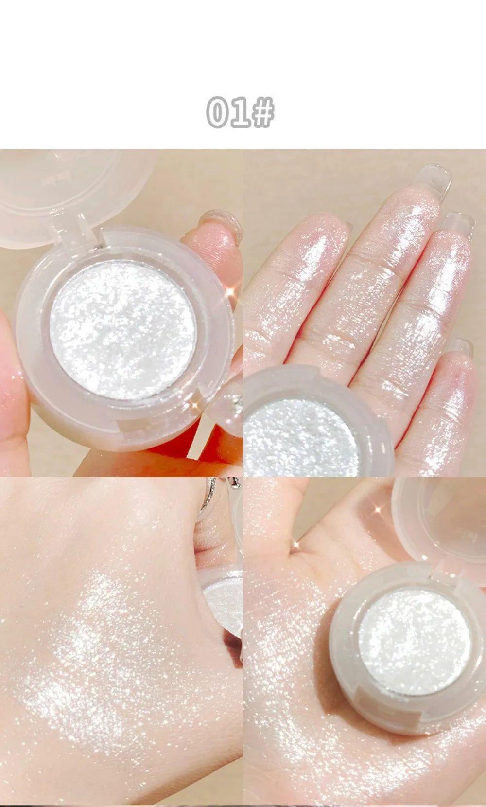 Tidesmit monochrome glitter eyeshadow and shimmering highlighter powder texture close-up for waterproof face makeup