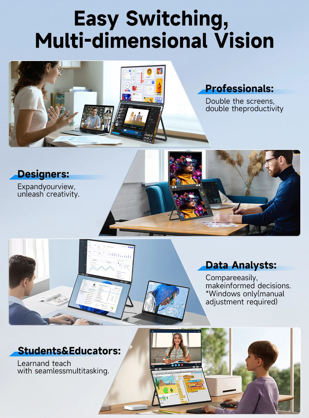 UPERFECT Delta Mega 23.8" 100Hz Dual Screen Stacked Computer Monitor With Speakers For Laptop Desktop PC MAC Phone Extended Play
