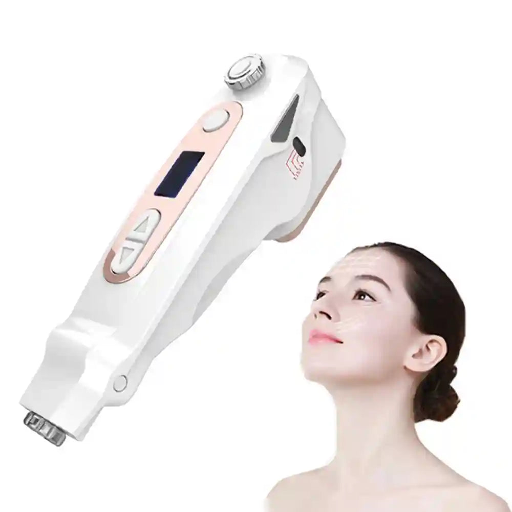 White and gold mini HIFU facial lifting device for home anti-aging and ultrasonic skin tightening treatment.