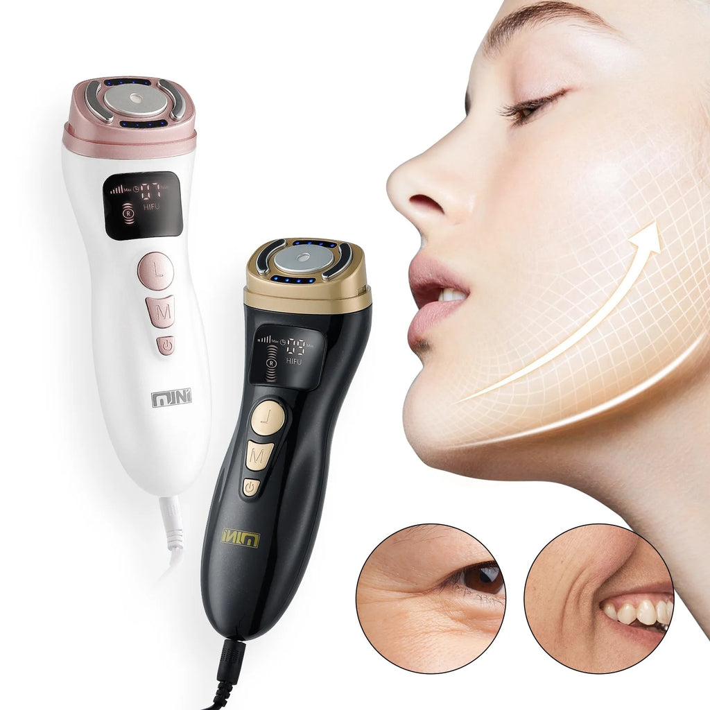 White and black handheld HIFU facial tightening devices with digital displays and metallic heads, shown with skin model.