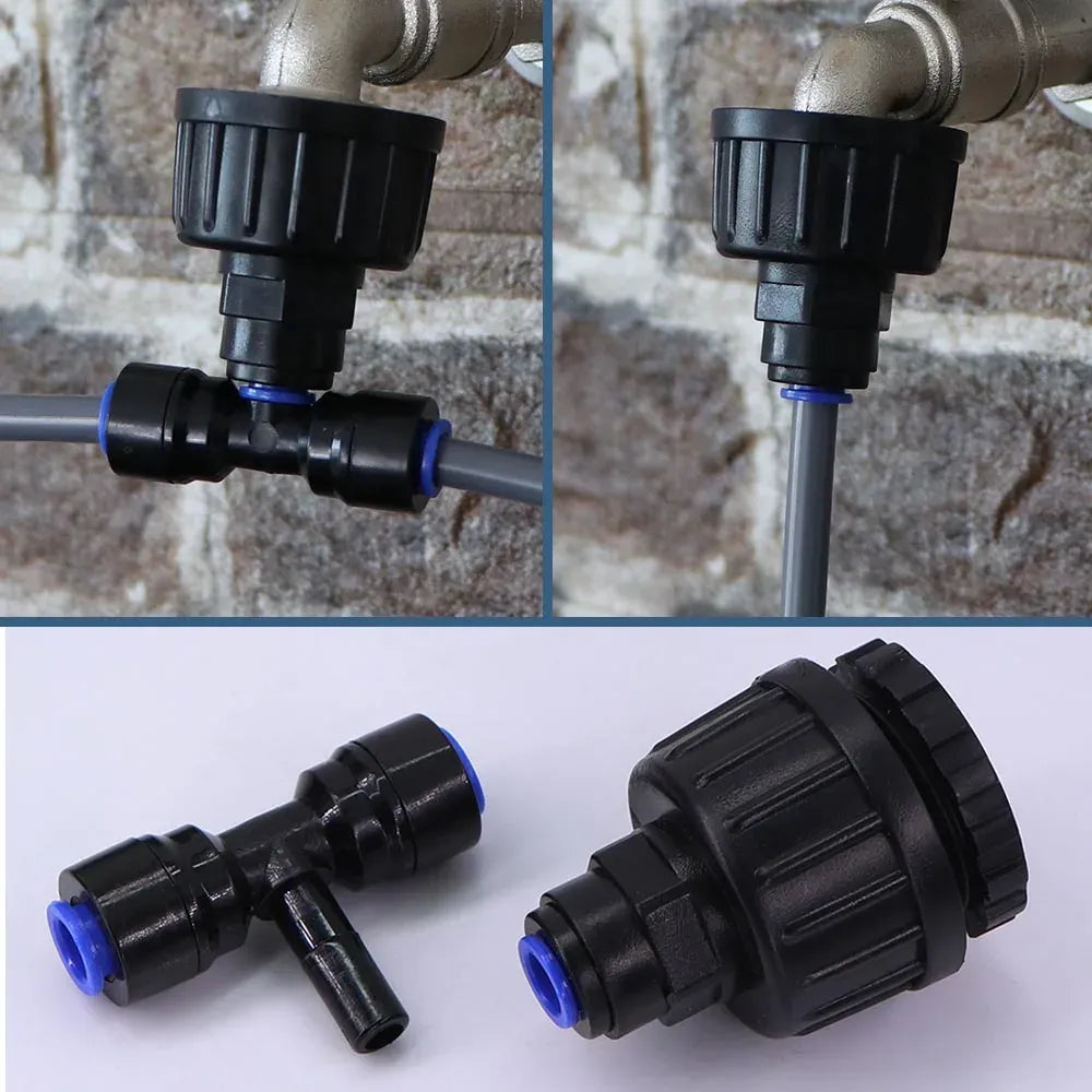 Drip irrigation adapter and valve fittings with blue ring accents for 1/4" tubing