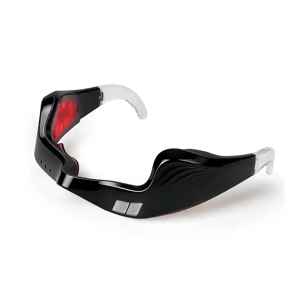 Black electric eye massager glasses with red light therapy for eye fatigue relief, featuring a sleek wearable design.
