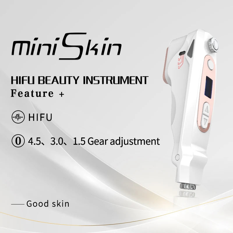 White and rose gold handheld Mini HIFU facial lifting device with adjustable 1.5, 3.0, and 4.5mm ultrasonic settings.