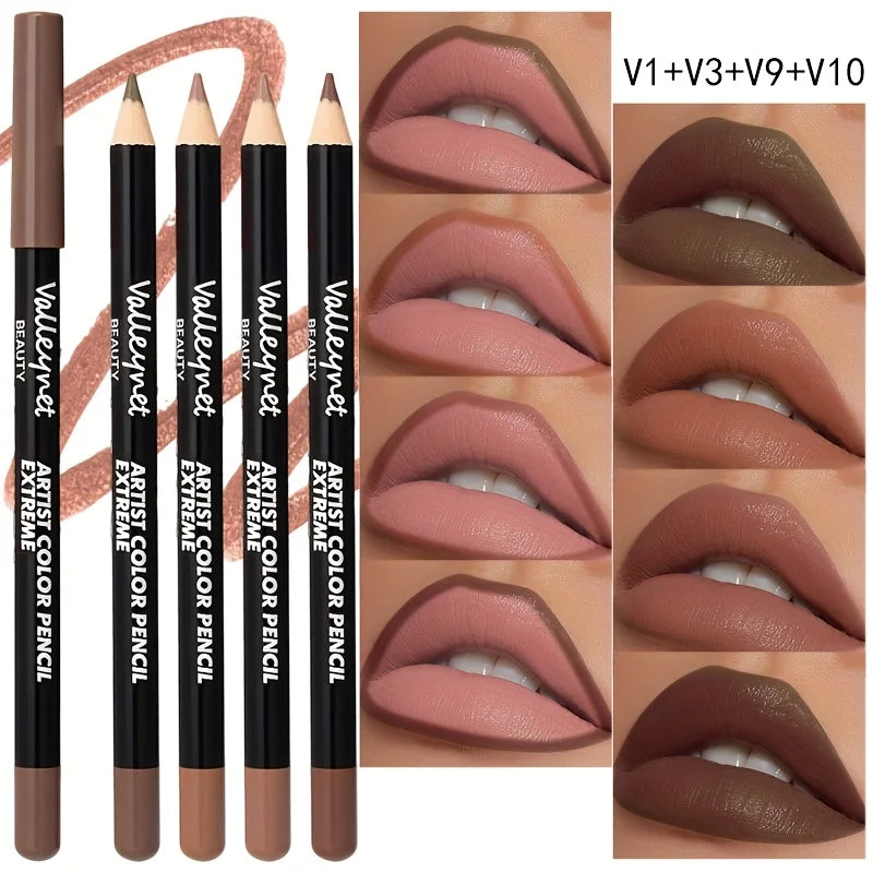 4-piece matte lip liner set in assorted brown and nude shades. Highly pigmented, long-lasting smudge-proof lip makeup.