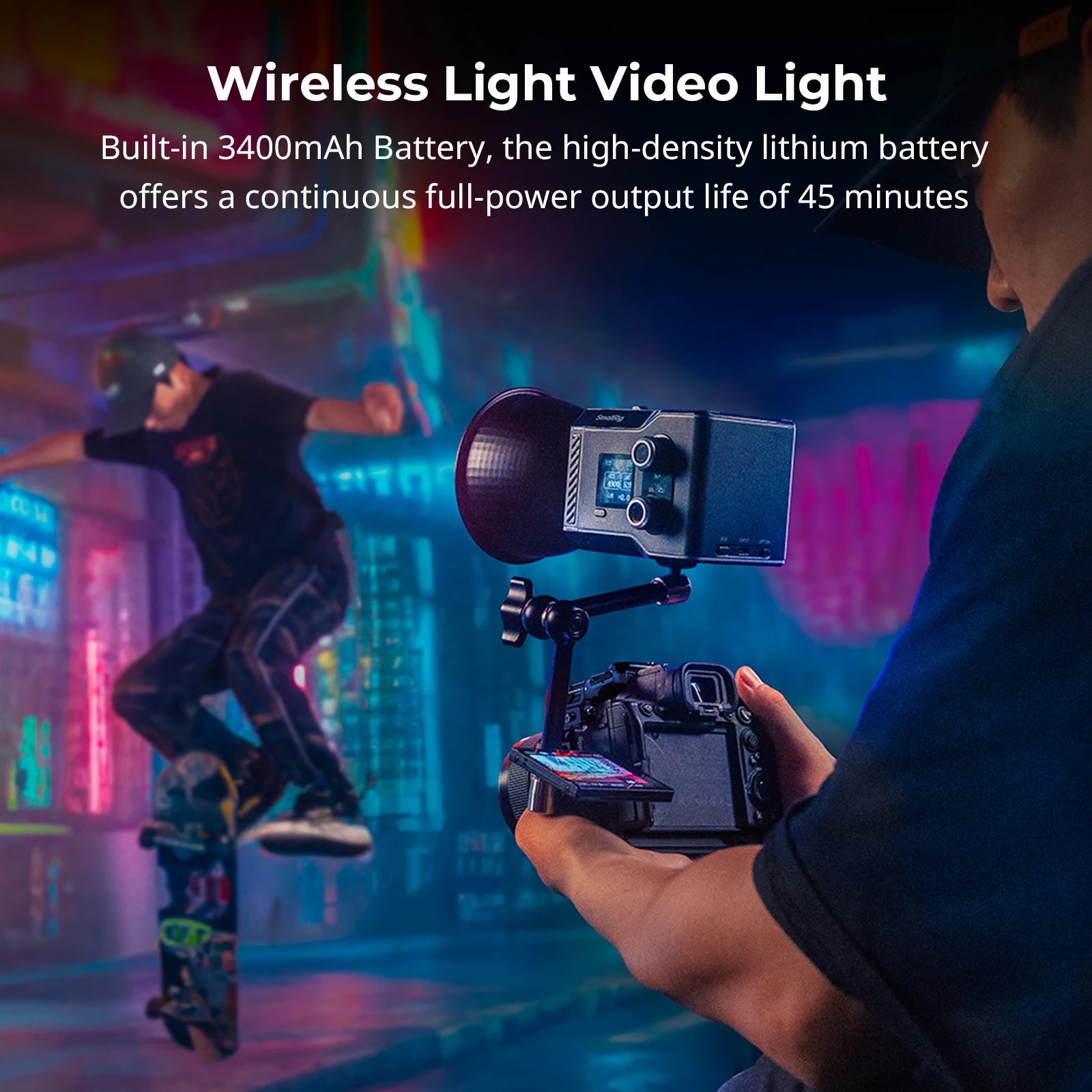 Small rectangular black portable LED video light mounted on a camera for handheld night videography.