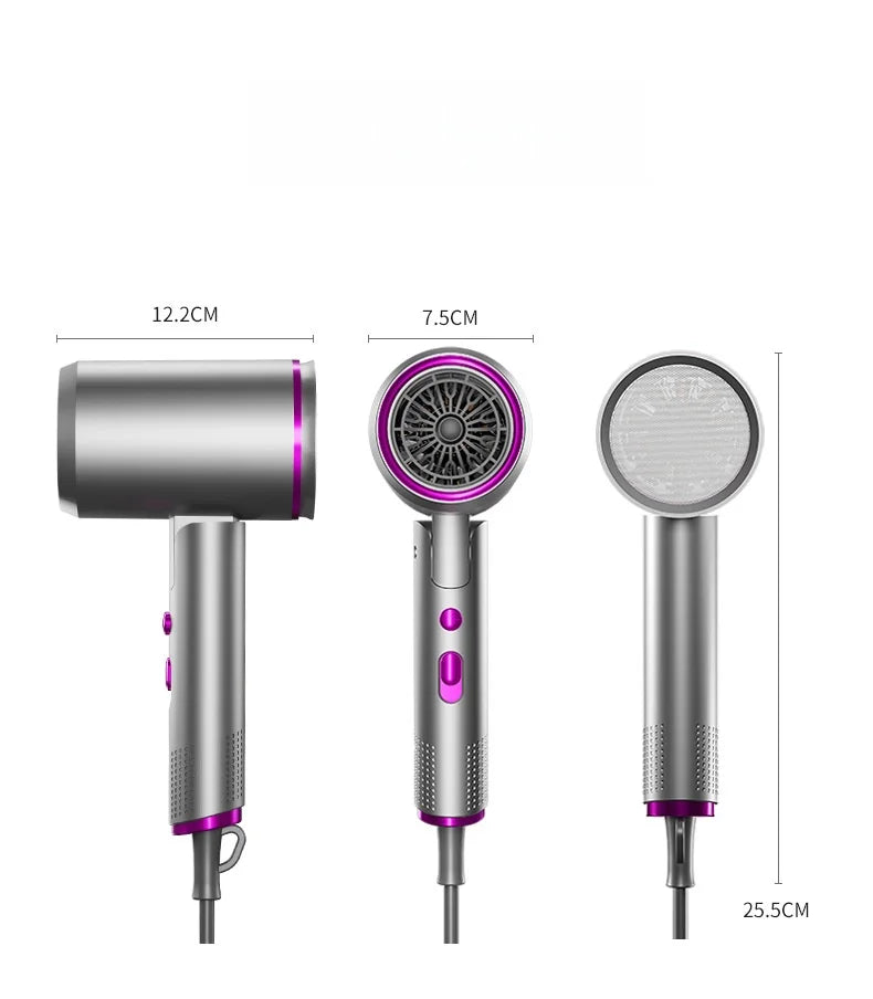 Foldable 2400W silver and purple hair dryer with hot/cold settings, compact design, and dimensions for professional use.