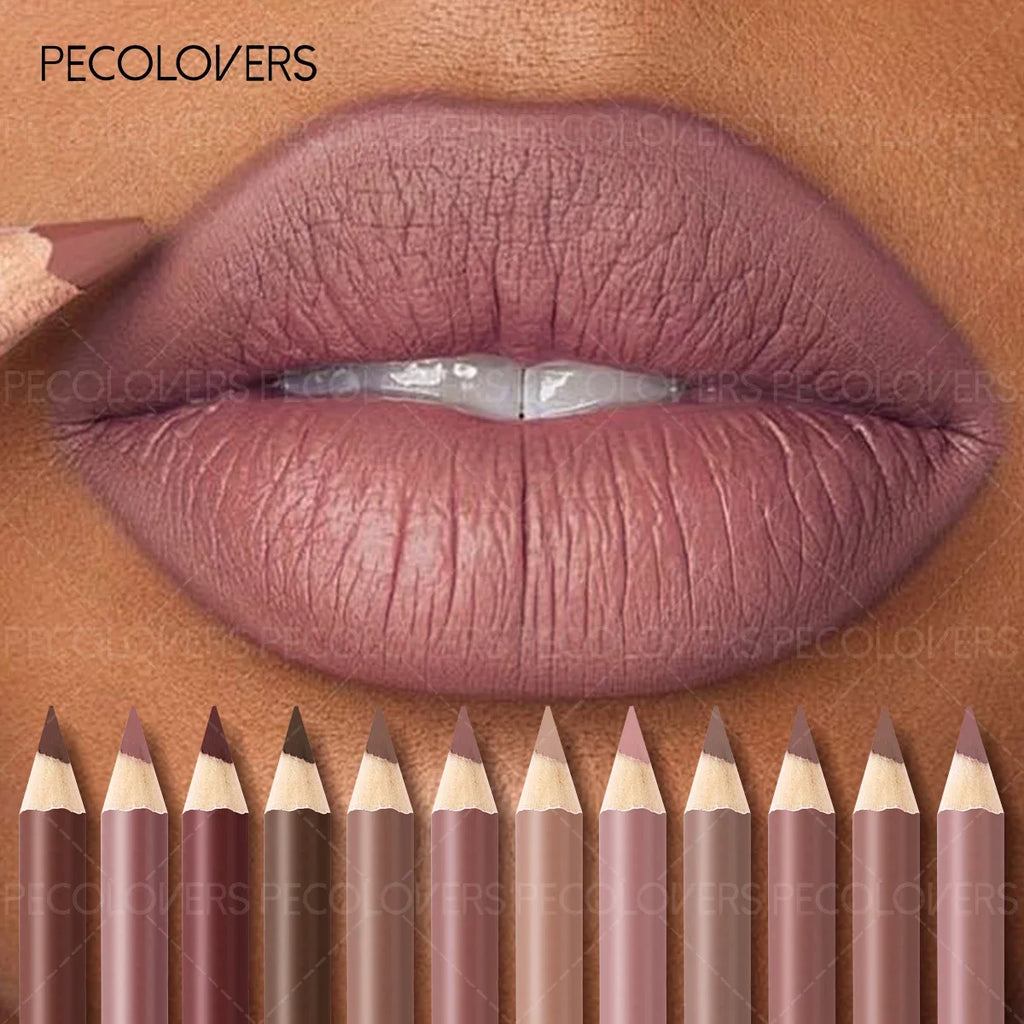 Long-lasting matte lip liner pencil set in brown, purple, and pink shades for waterproof, defined lip makeup.