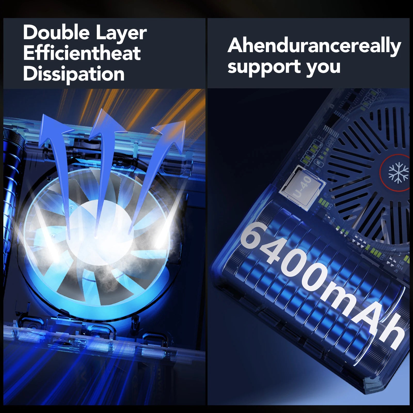 Translucent blue smartphone cooler with an internal fan and 6400mAh battery for active device heat dissipation.