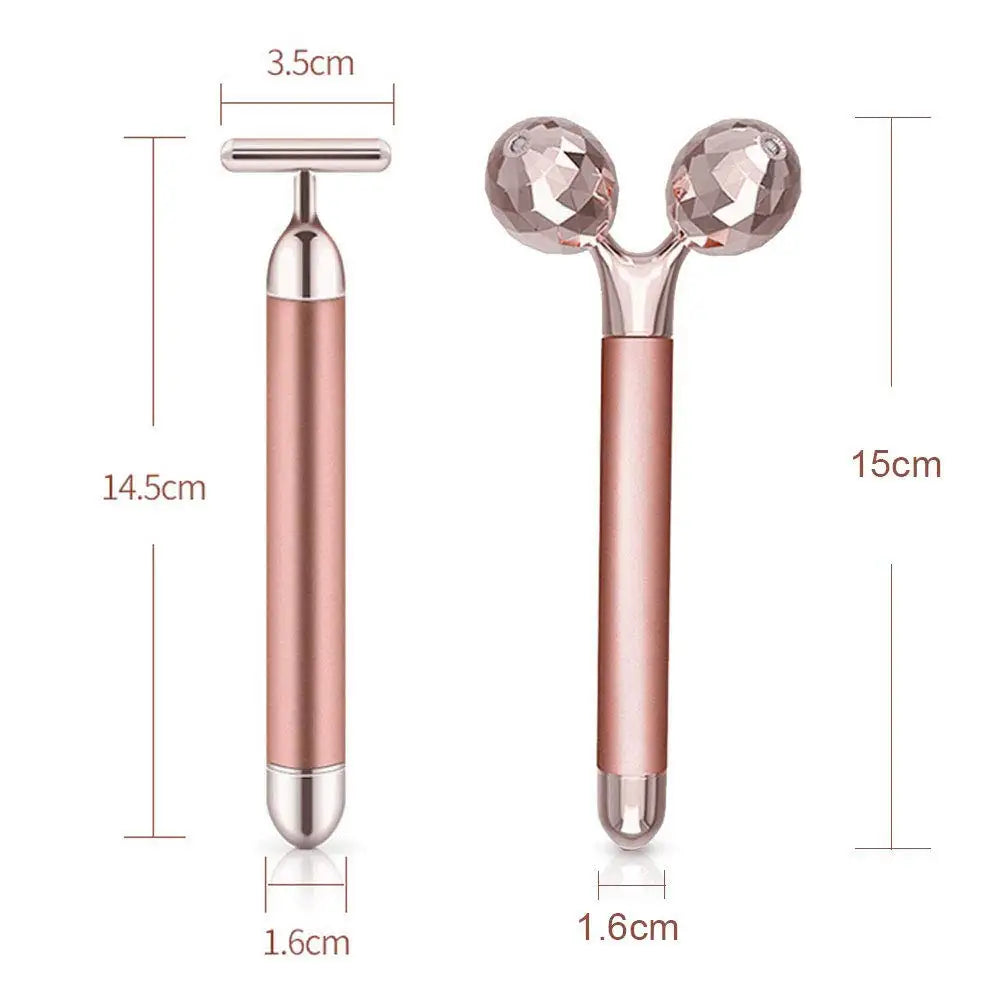 Two rose gold electric facial massagers: one T-bar shape and one 3D dual-sphere roller, showing dimensions.