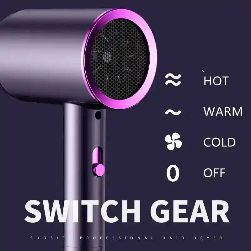 Purple high-speed professional hair dryer with quick-dry settings for hot, warm, and cold airflow.