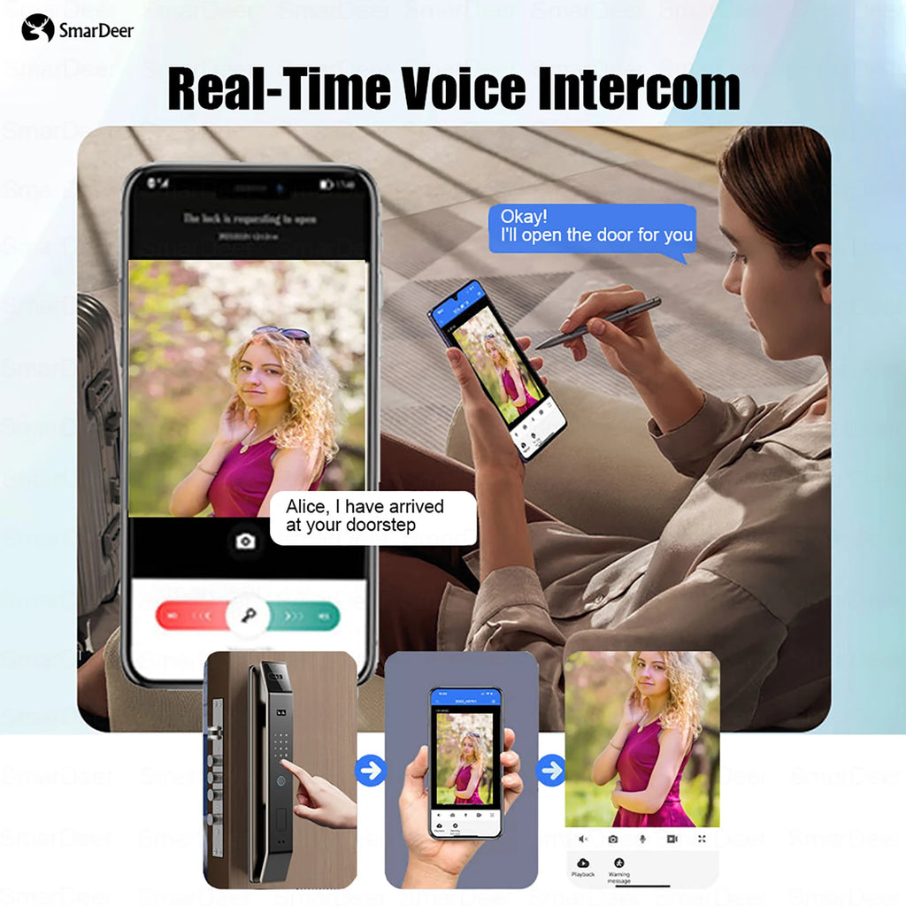 SmarDeer Fingerprint Door Lock 3D Face Palm Vein Smart Lock Visual Camera Doorbell Tuya WiFi Fingerprint Keyless Electronic Lock