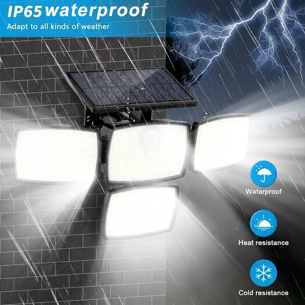 Weatherproof solar 4-head wall light with rain-ready design and bright LED panels