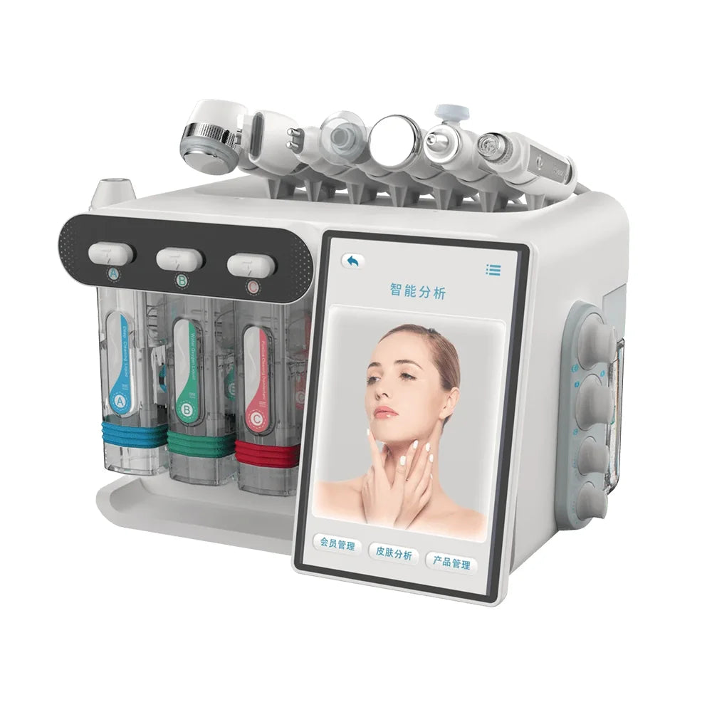 8-in-1 hydro facial machine with touch screen, multiple applicators, and liquid solution bottles for spa skin care.