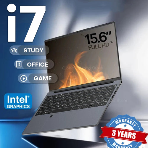 Slim dark grey 15.6-inch laptop with a full keyboard, numpad, integrated fingerprint reader, and side-facing ports.