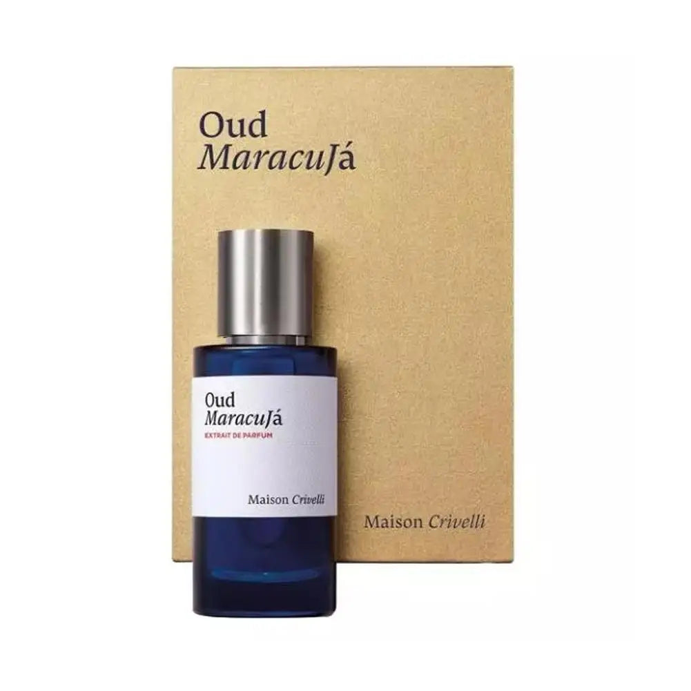 Maison Crivelli Oud Maracuja Extrait de Parfum: blue glass bottle, unisex Arabic fragrance 1.7oz spray with box.
