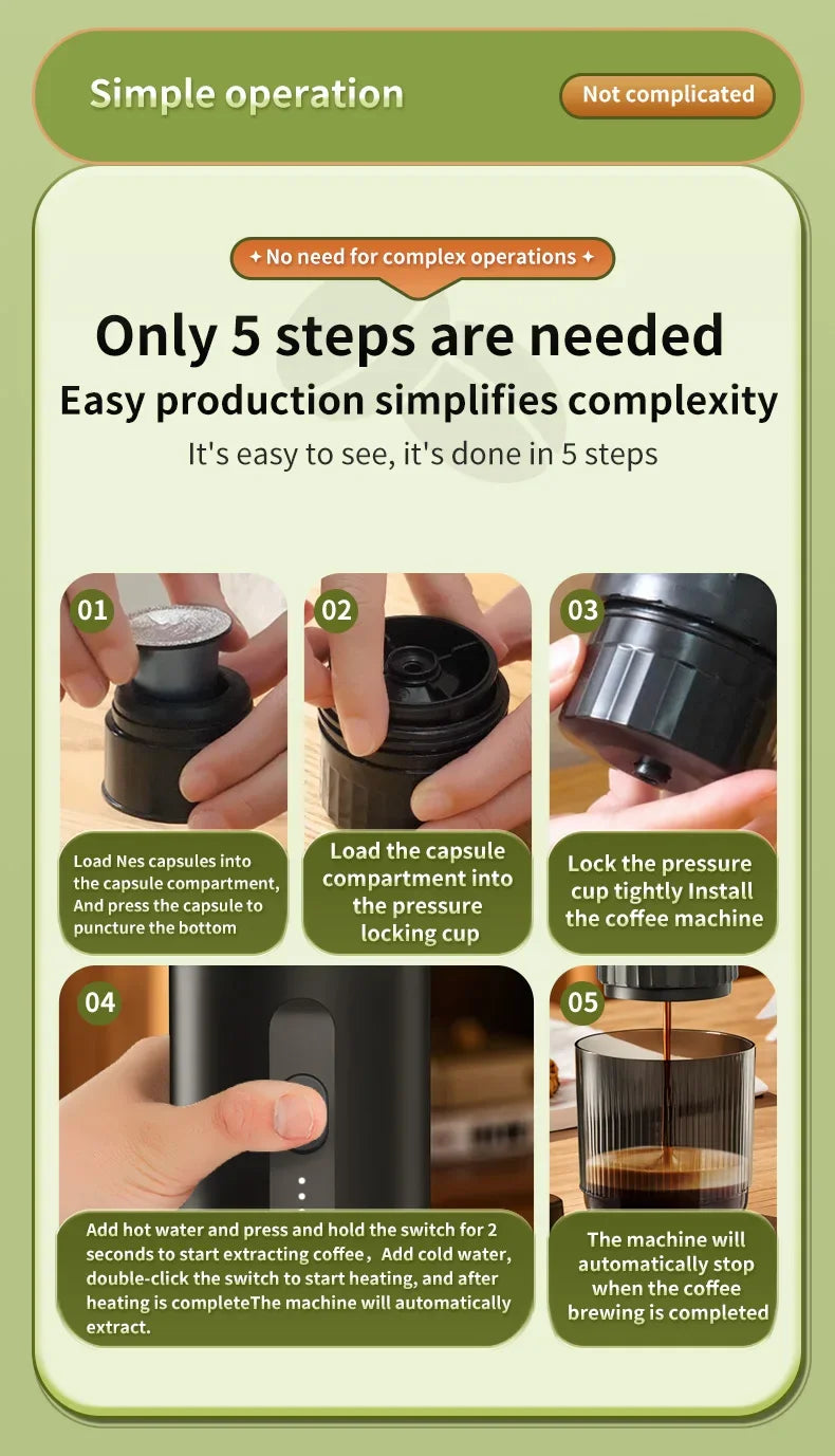 Portable black capsule coffee maker featuring a simple 5-step brewing process for quick, easy espresso extraction.