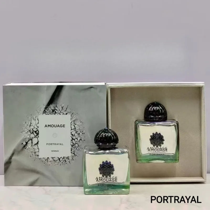 Amouage Portrayal Woman EDP: Luxury floral fragrance in a square glass bottle with black cap and presentation gift box.