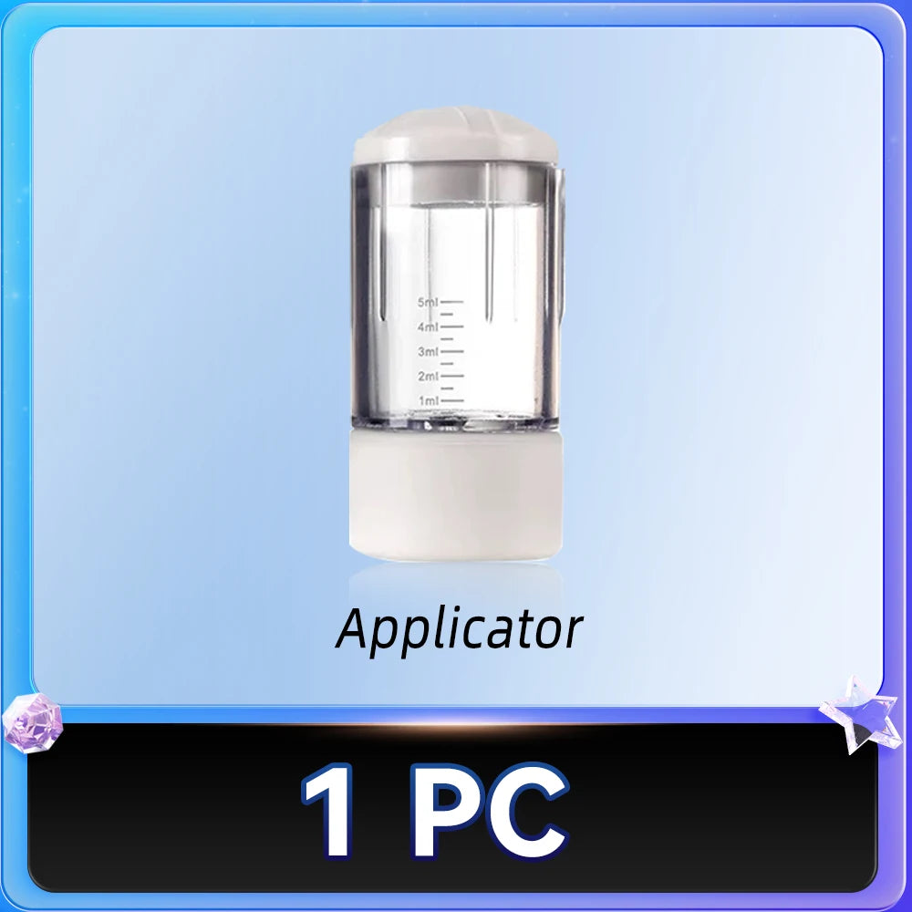 Portable scalp applicator comb with liquid reservoir, measuring scale for hair oil, and serum treatment. White design.