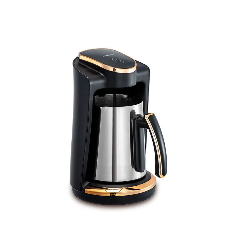 Korkmaz black and stainless steel Turkish coffee maker with modern gold trim accents on a white background.