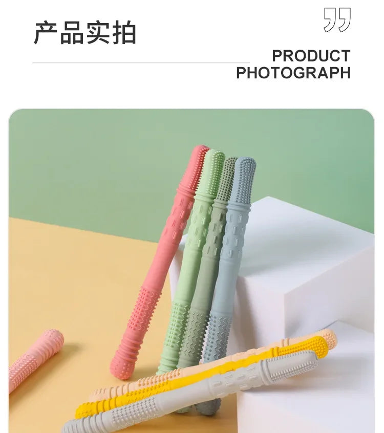 Newborn Hollow Teething Tube Baby Silicone Teether Stick Biting Chewing Straws Nursing Soother Molar Toy Gift for Infants