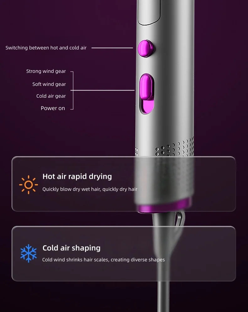Silver 2400W foldable hair dryer with purple buttons, featuring hot and cold air settings and multi-speed wind control.