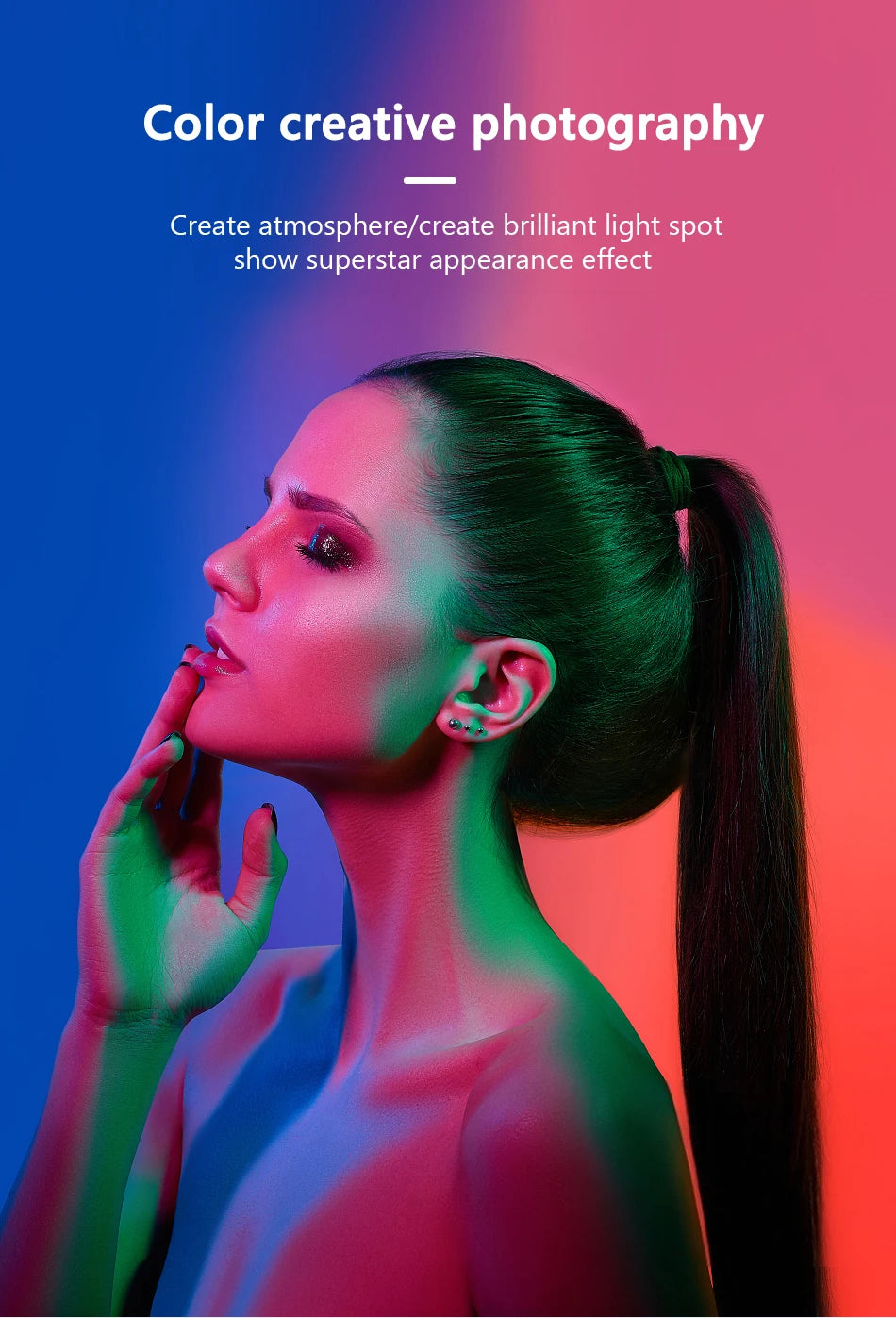 RGB LED photography light creating a profile portrait with vibrant blue, green, and red lighting effects.