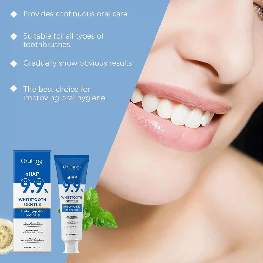 Tidesmit Hydroxyapatite toothpaste for enamel repair, teeth whitening, stain removal, and breath freshening.