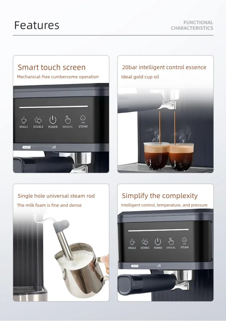 Black 20-bar espresso machine features a smart touch screen, steam wand, and dual-cup brewing system.