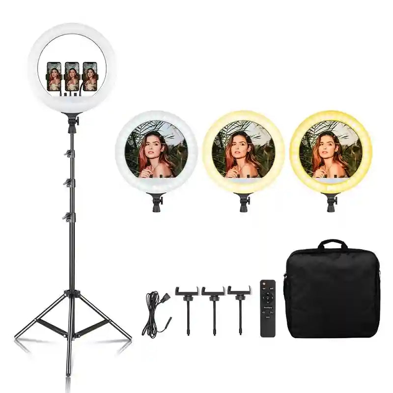 LED ring light with adjustable tripod stand, three phone mounts, remote, and carry bag for photography and streaming.