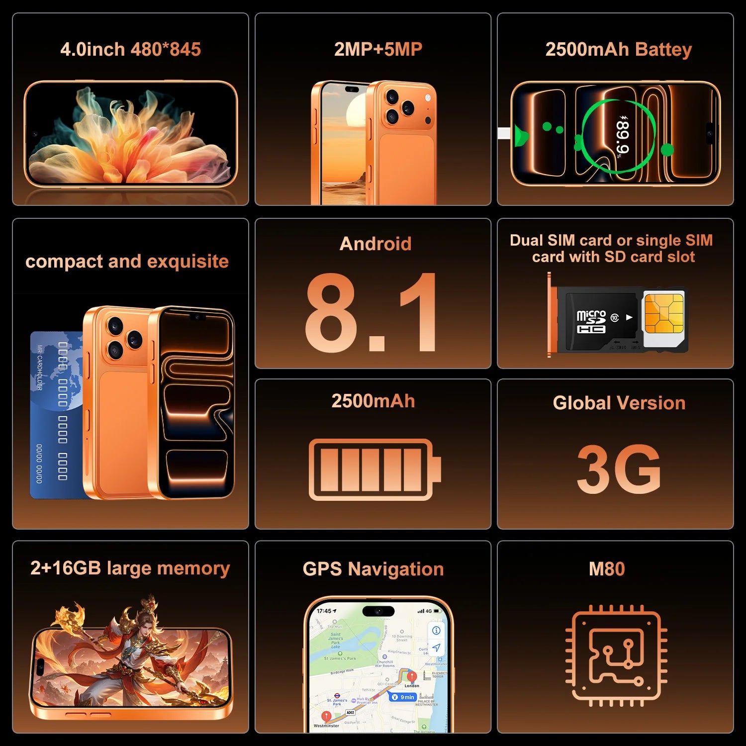 IVMI 17 mini 2GB RAM 16GB ROM Smartphones Android 8.1 Dual SIM 4.0"Display WIFI Bluetooth Play Store 3G Small Mobile Phone